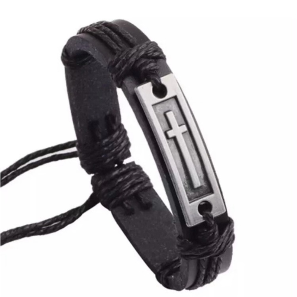 Men’s Boy Black Leather Wrap Silver Cross Adjustable Bracelet